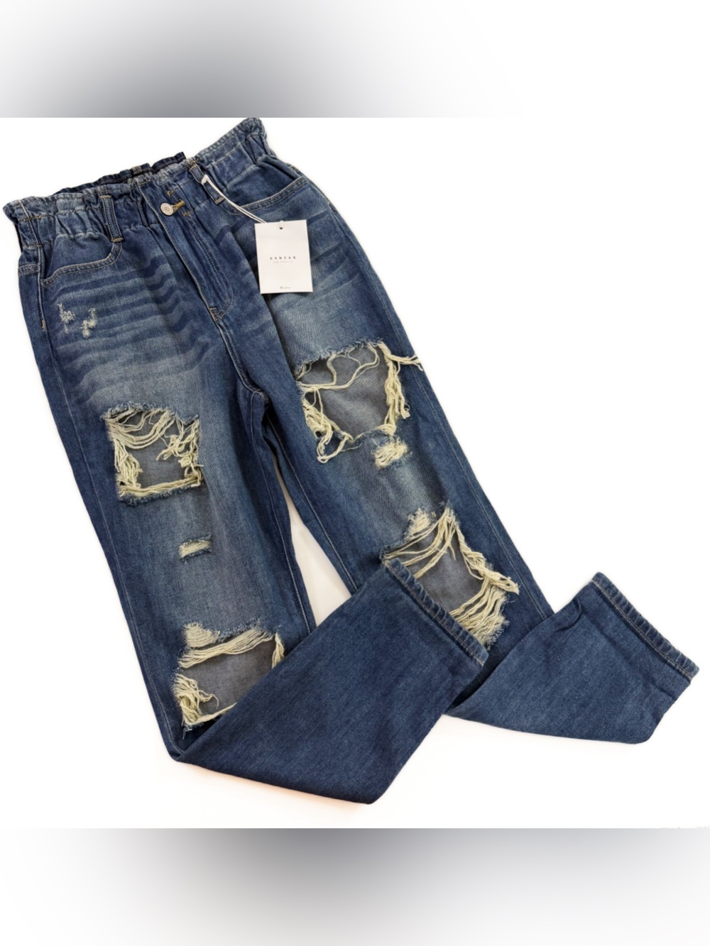 Kancan Jeans Womens 25 3 High Rise Mom Paperbag Straight Distressed New - Picture 2 of 11